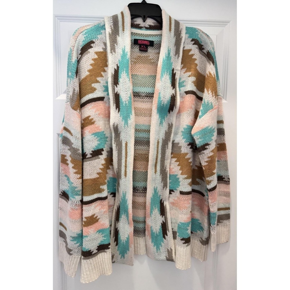 VTG Aztec Western Open Cardigan Cowgirl Boho Pastel‎ Sz XL Rock & Roll Denim